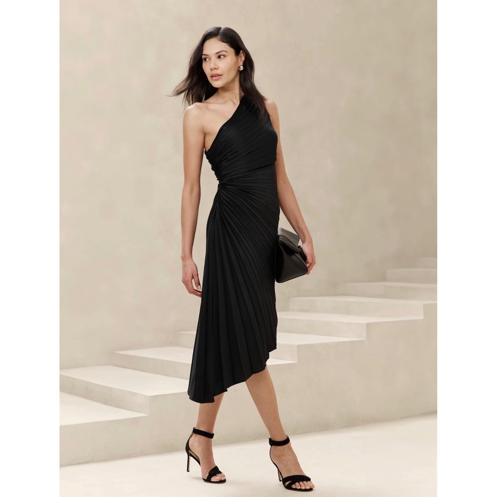 Banana Republic‎ Black One Shoulder Pleated Midi Dress 888771-01-1 NWT Size 0
